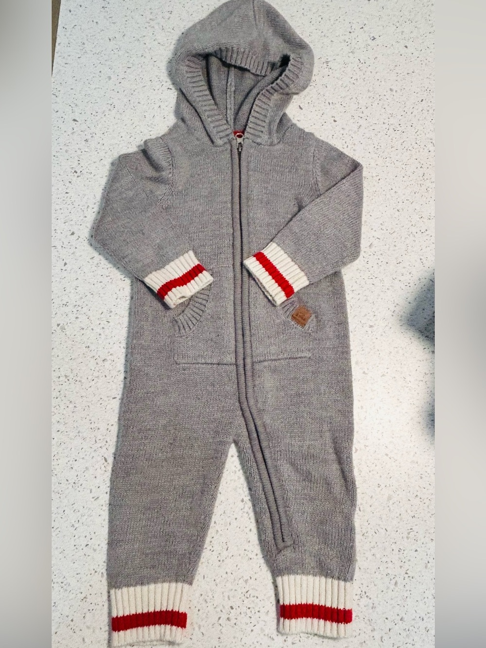 Cozy Grey Hooded Knit One-Piece with Red-Trim Cuffs